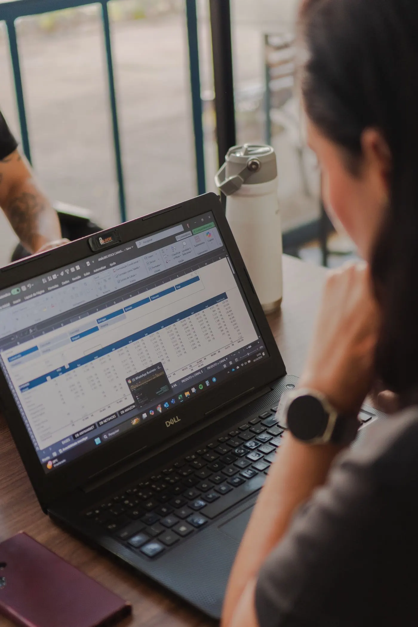 Reviewing a spreadsheet of parties and products on a laptop